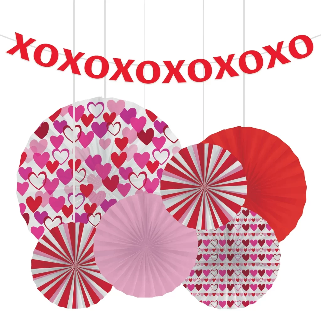 valentines day XOXO Red banner and valentines day paper fan decor kit