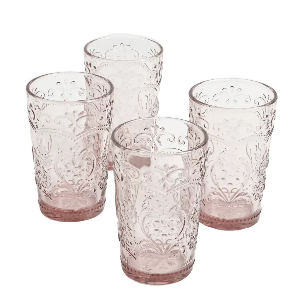 light pink glass cups with etching