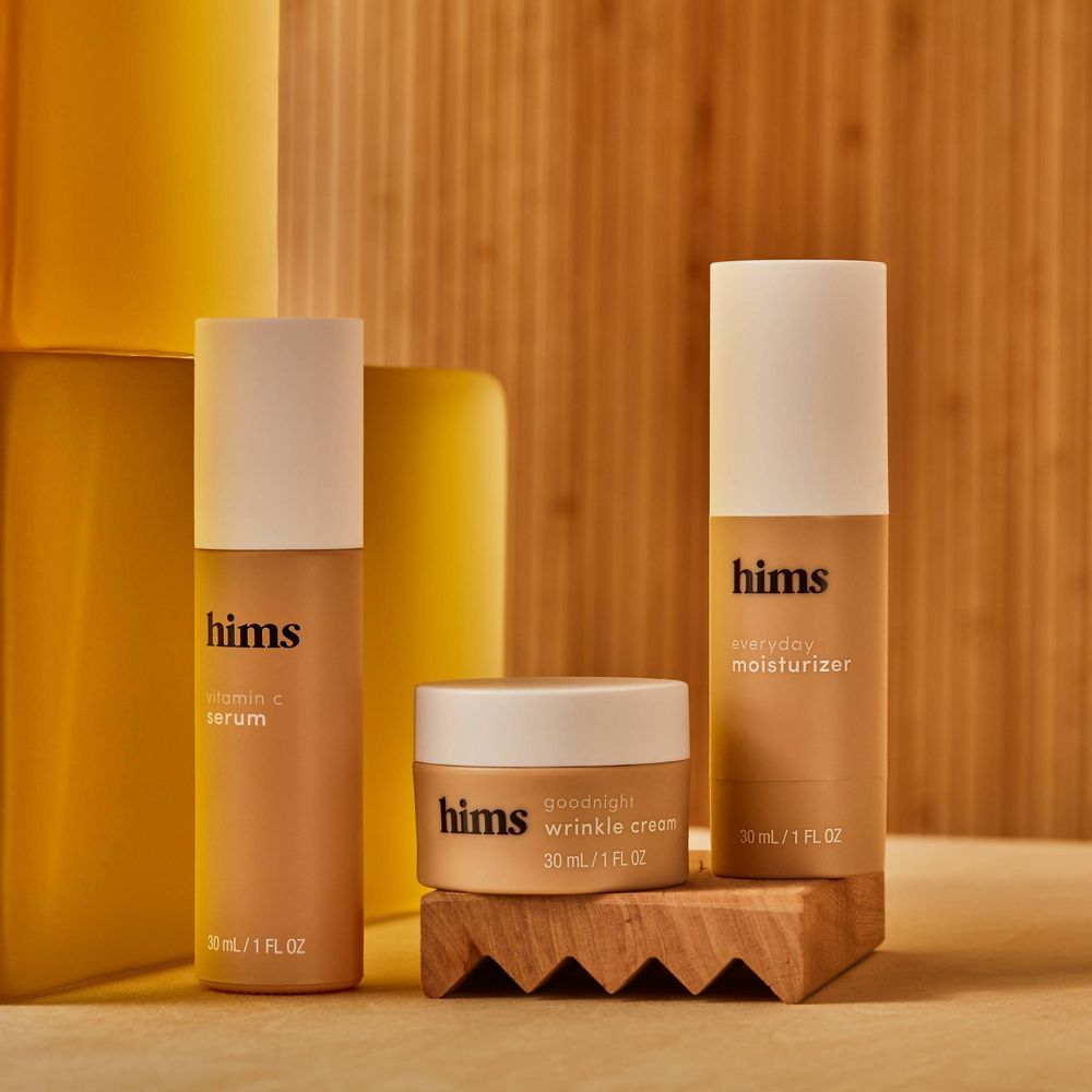 hims skincare set with wrinkle cream, morning serum, and moisturizer