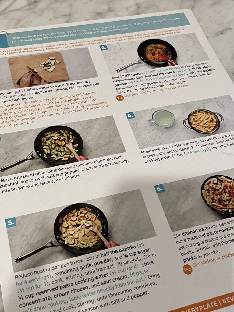 recipe card from EveryPlate with cooking instructions and images