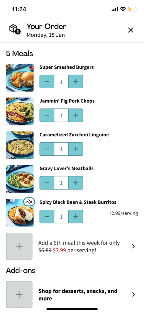 List of this weeks 5 recipes that I chose from EveryPlate.