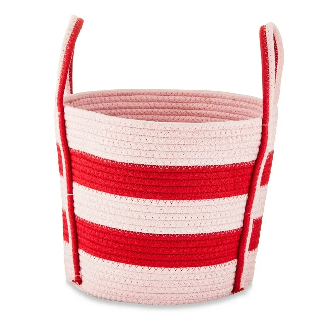 red and pink striped fabric storage basket